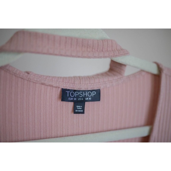 TOPSHOP Pink Ribbed Choker Scoop Neck Midi Dress Side Slits SZ 6 - Picture 4 of 7